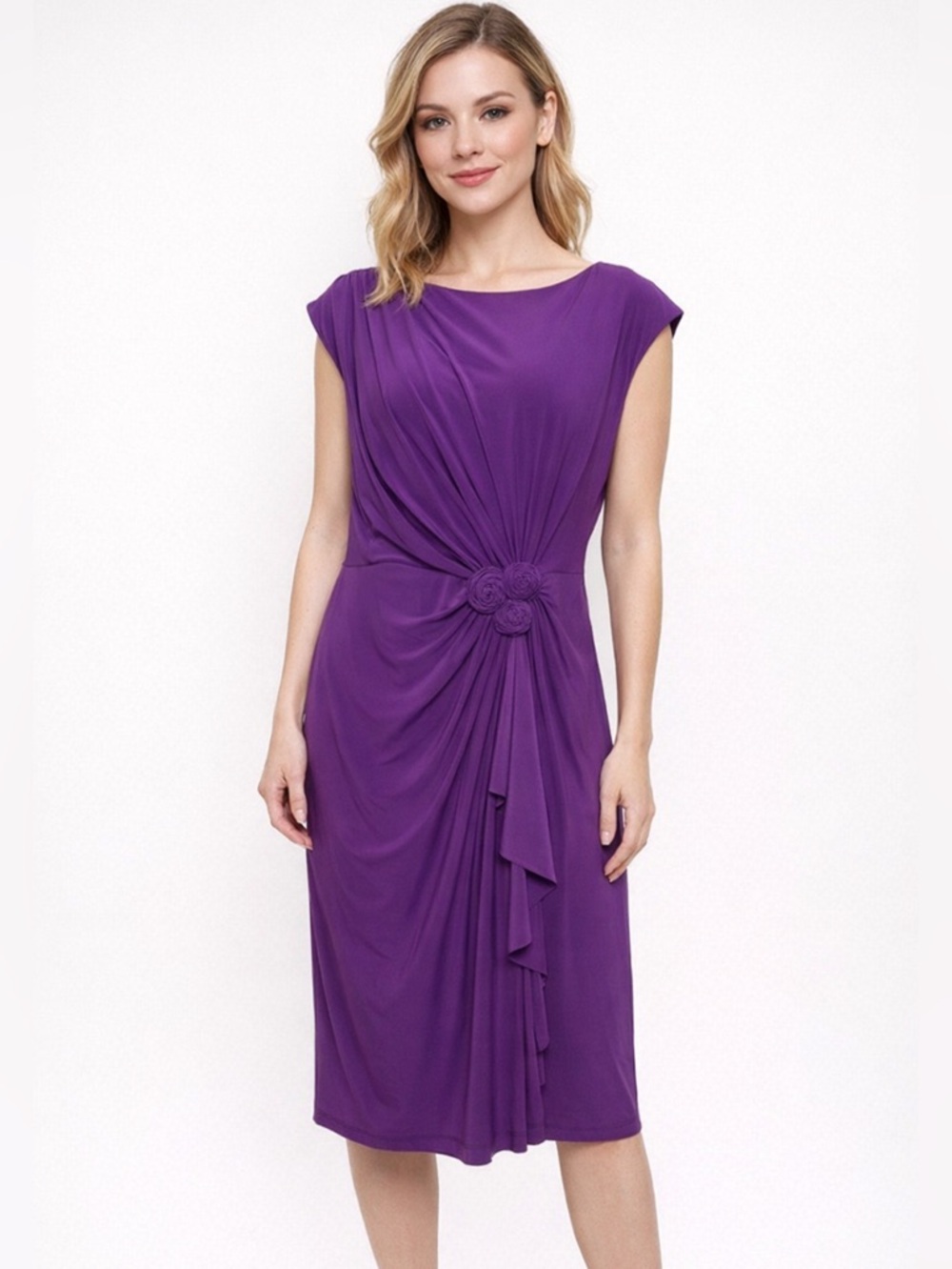 Jones New York Purple Ruched Sheath Dress with Floral Rosette Detail Ladies 12